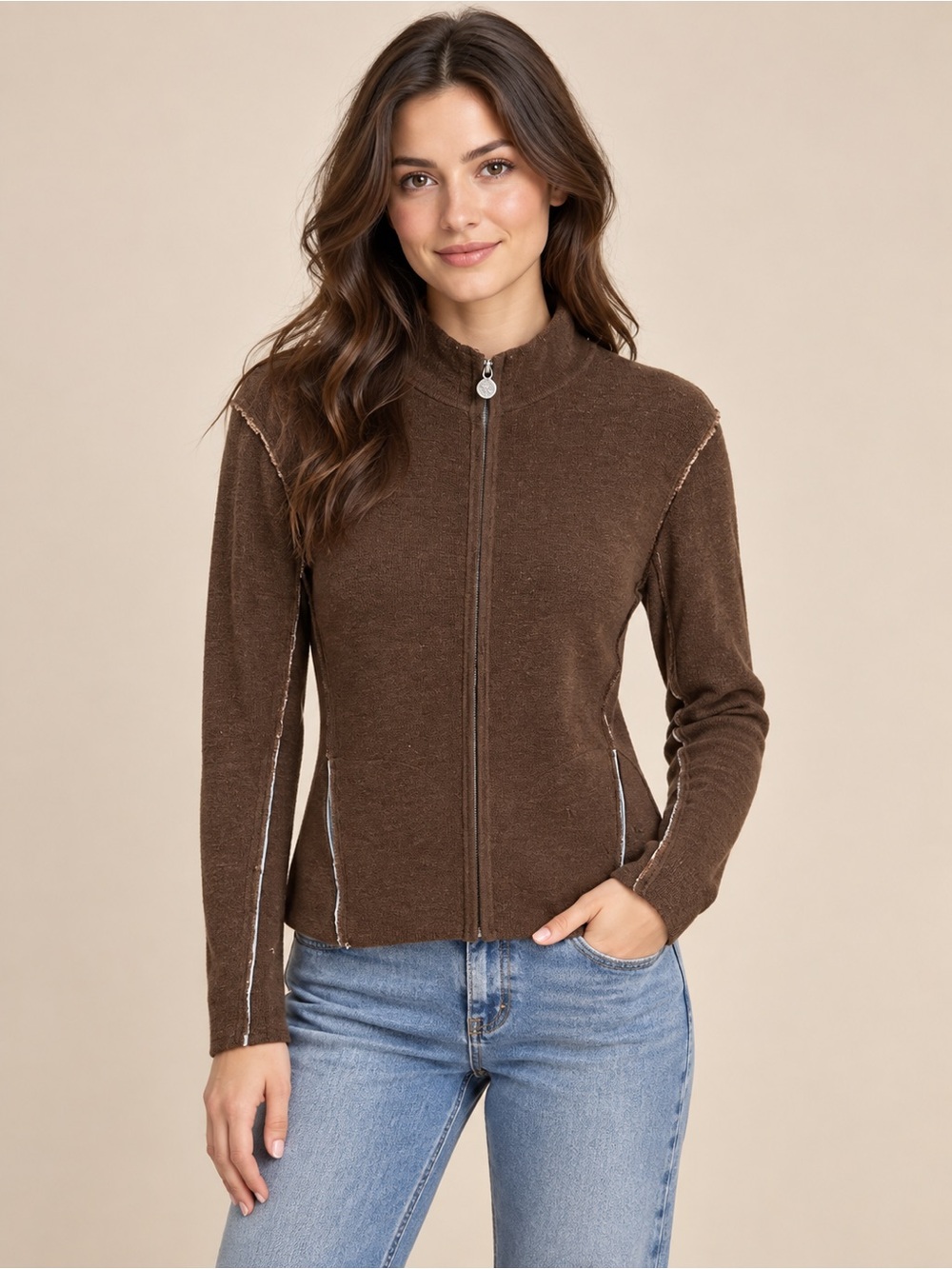 Neve Designs Brown Knit Full Zip Cardigan Jacket Large  100% wool 21x25